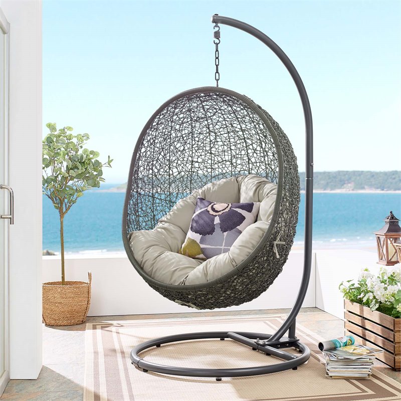 Pemberly Row Modern Metal/Rattan Outdoor Hanging Chair in Gray/Beige