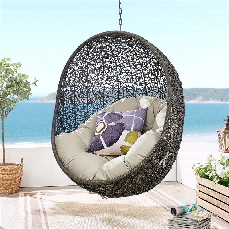 Pemberly Row Modern Metal/Rattan Outdoor Hanging Chair in Gray/Beige