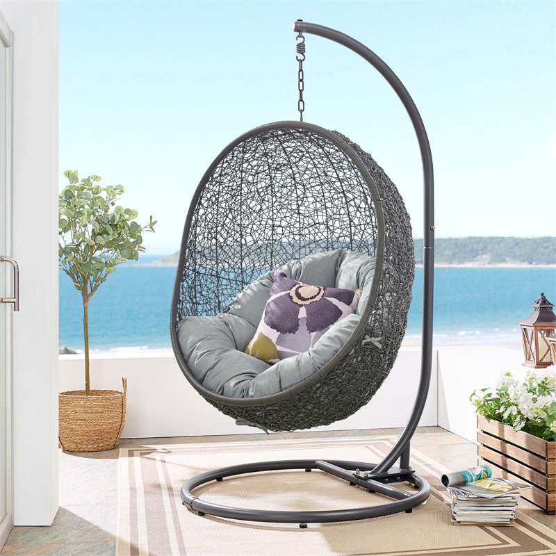 Pemberly Row Modern Metal/Rattan Outdoor Hanging Chair in Gray