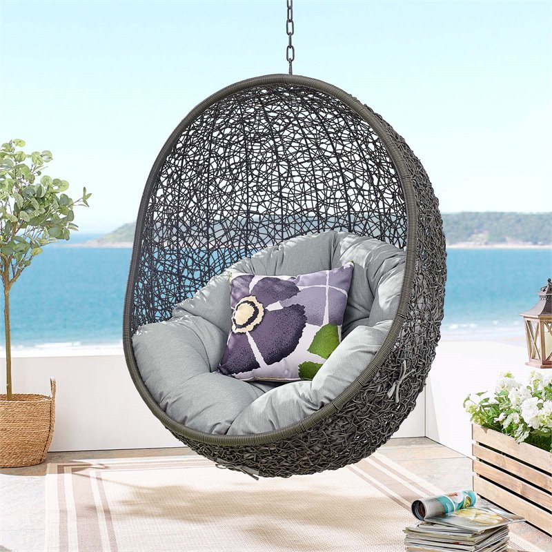 Pemberly Row Modern Metal/Rattan Outdoor Hanging Chair in Gray
