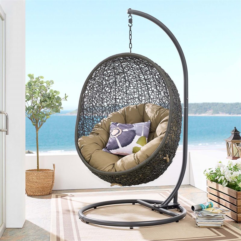 Pemberly Row Modern Metal/Rattan Outdoor Hanging Chair in Gray/Mocha
