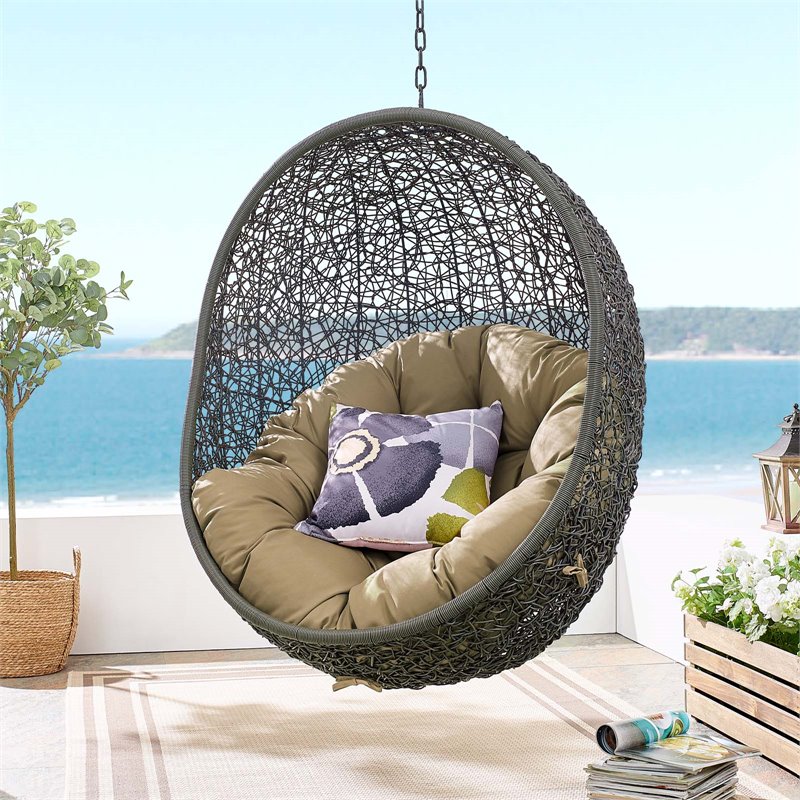 Pemberly Row Modern Metal/Rattan Outdoor Hanging Chair in Gray/Mocha
