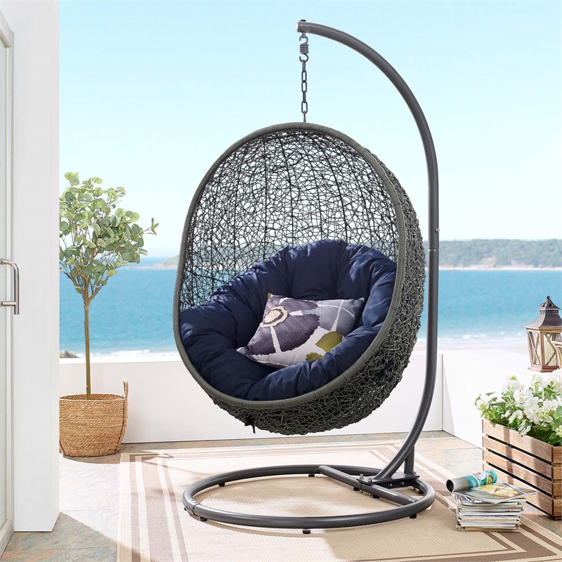 Pemberly Row Modern Metal/Rattan Outdoor Hanging Chair in Gray/Navy