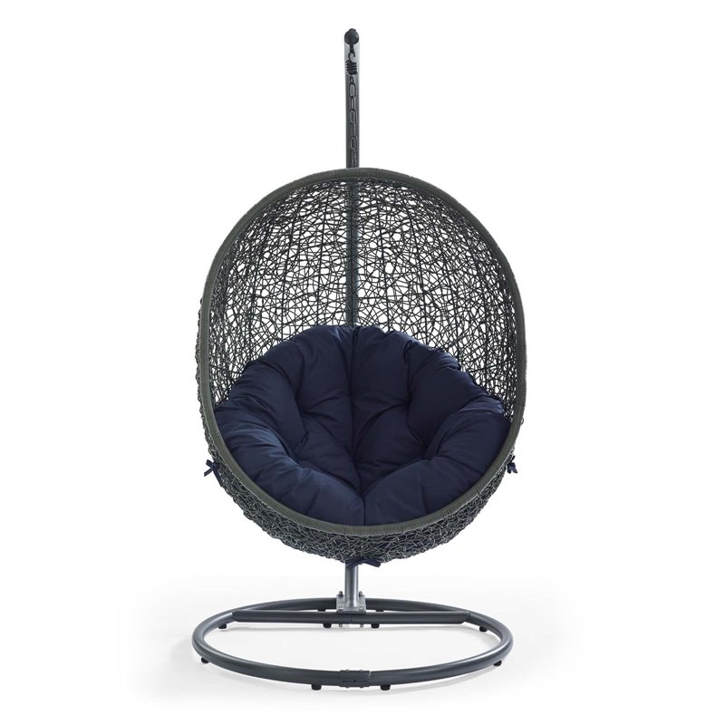 Pemberly Row Modern Metal/Rattan Outdoor Hanging Chair in Gray/Navy