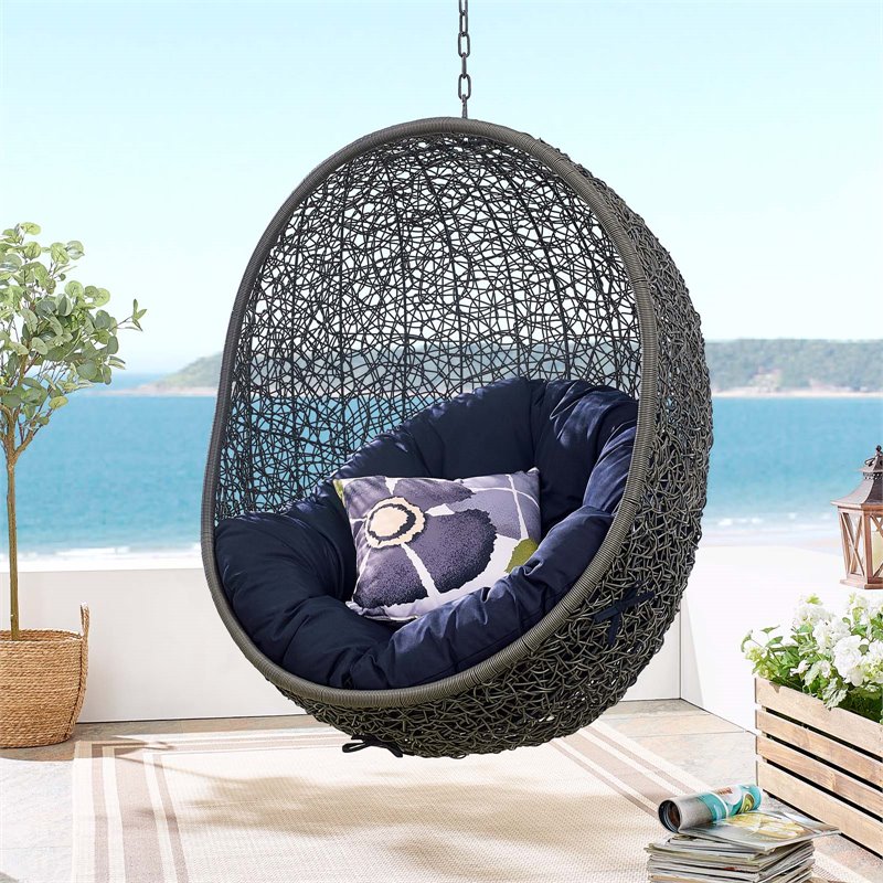 Pemberly Row Modern Metal/Rattan Outdoor Hanging Chair in Gray/Navy
