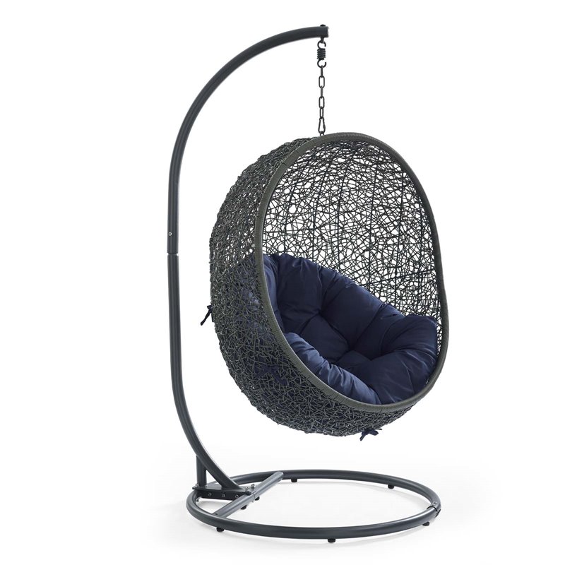 Pemberly Row Modern Metal/Rattan Outdoor Hanging Chair in Gray/Navy