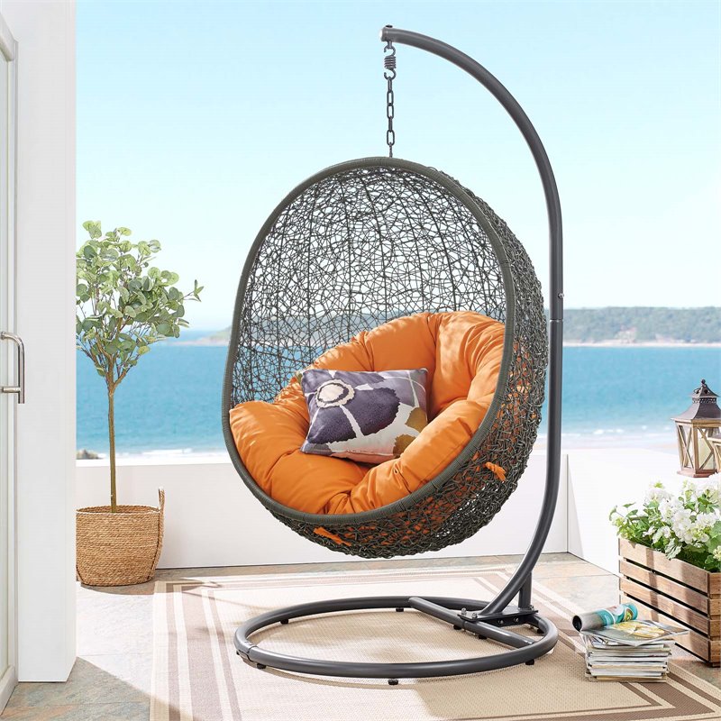 Pemberly Row Modern Metal/Rattan Outdoor Hanging Chair in Gray/Orange