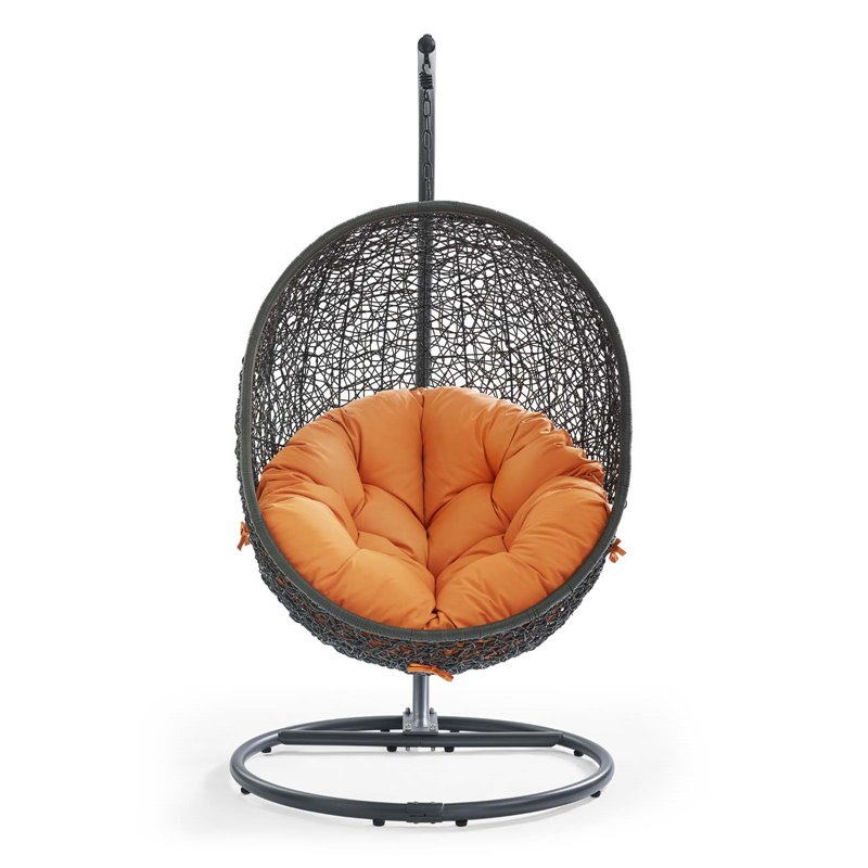 Pemberly Row Modern Metal/Rattan Outdoor Hanging Chair in Gray/Orange