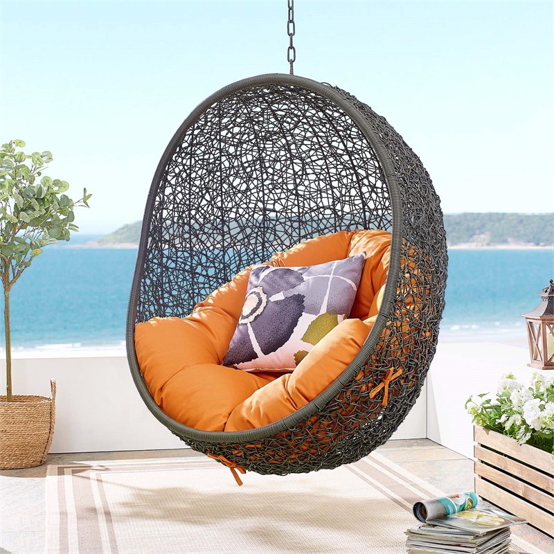 Pemberly Row Modern Metal/Rattan Outdoor Hanging Chair in Gray/Orange
