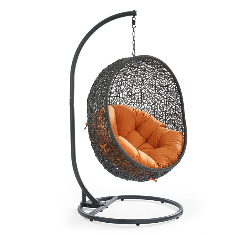Pemberly Row Modern Metal/Rattan Outdoor Hanging Chair in Gray/Orange