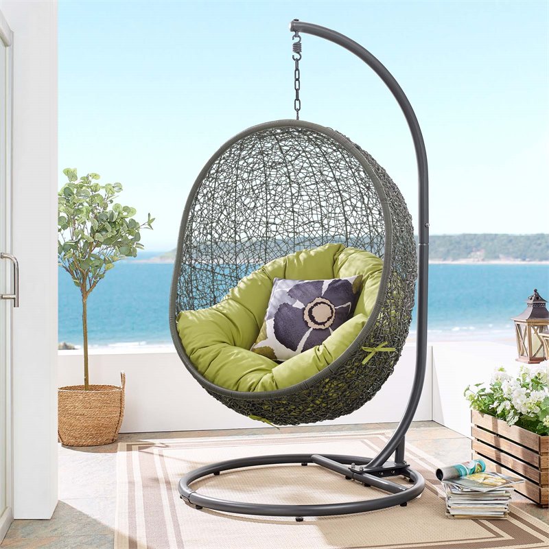 Pemberly Row Modern Metal/Rattan Outdoor Hanging Chair in Gray/Peridot