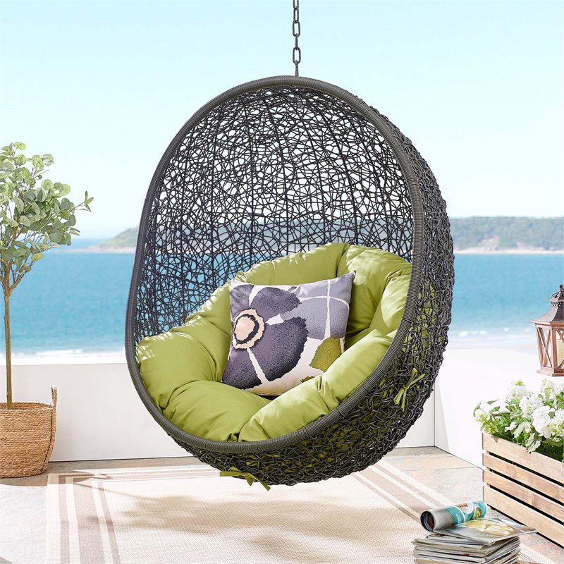 Pemberly Row Modern Metal/Rattan Outdoor Hanging Chair in Gray/Peridot