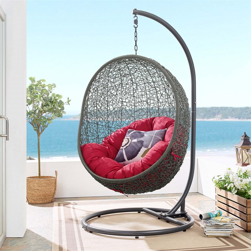 Pemberly Row Modern Metal/Rattan Outdoor Hanging Chair in Gray/Red