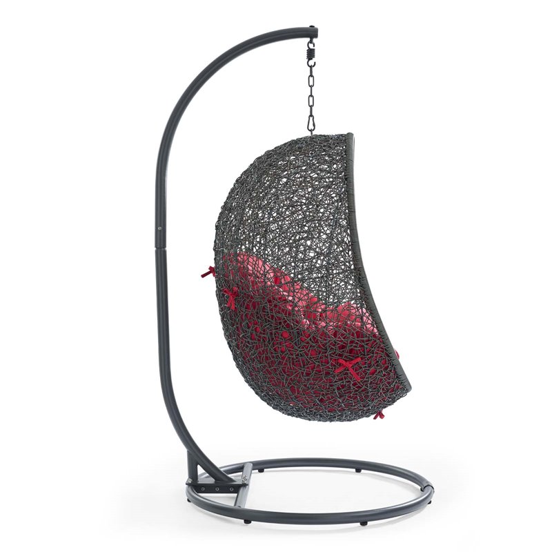 Pemberly Row Modern Metal/Rattan Outdoor Hanging Chair in Gray/Red