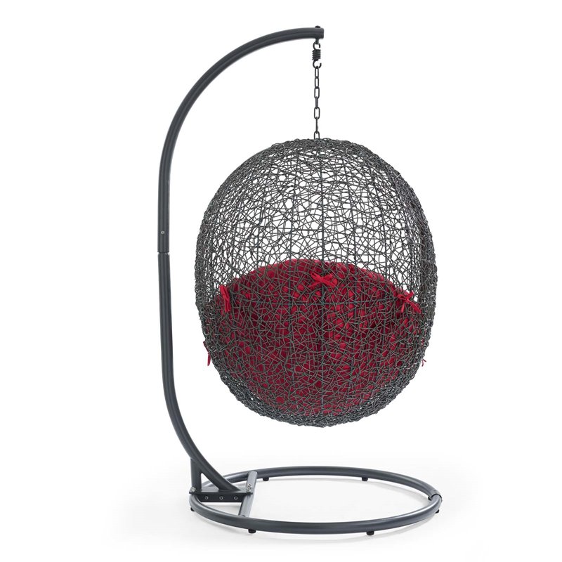 Pemberly Row Modern Metal/Rattan Outdoor Hanging Chair in Gray/Red
