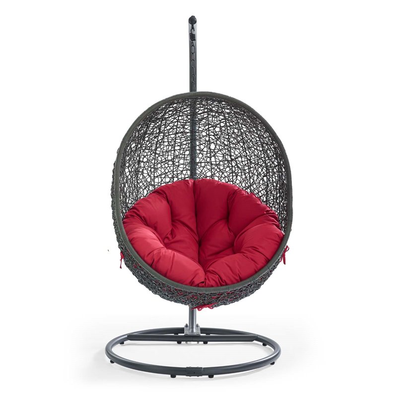 Pemberly Row Modern Metal/Rattan Outdoor Hanging Chair in Gray/Red