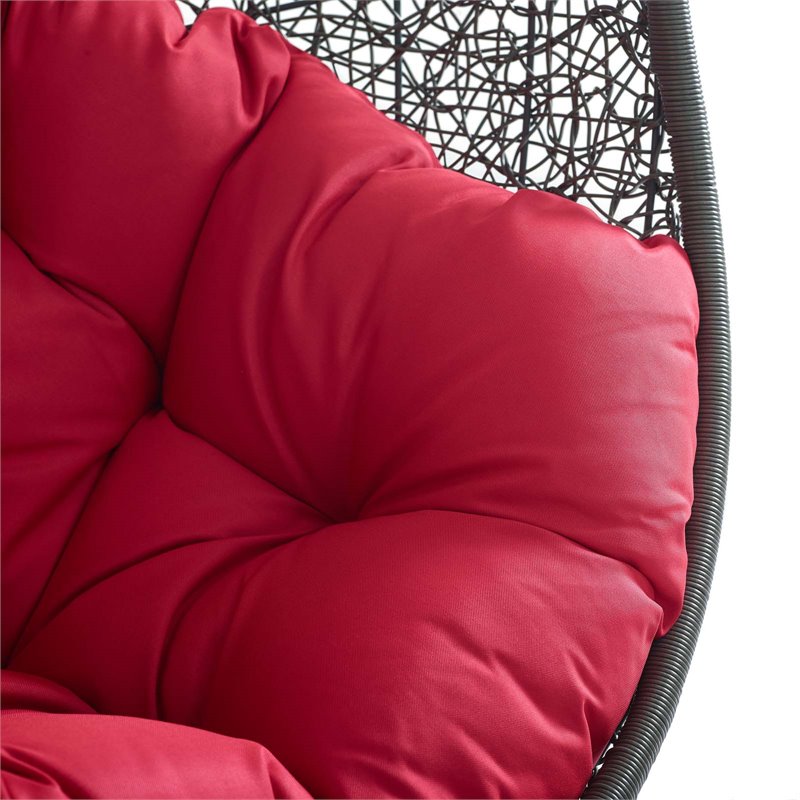 Pemberly Row Modern Metal/Rattan Outdoor Hanging Chair in Gray/Red
