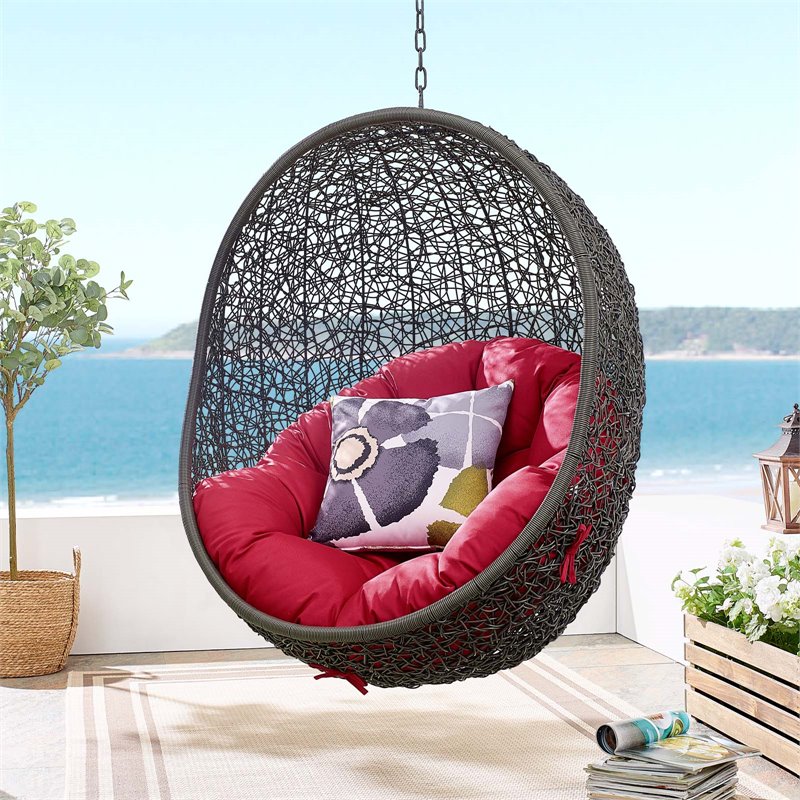 Pemberly Row Modern Metal/Rattan Outdoor Hanging Chair in Gray/Red