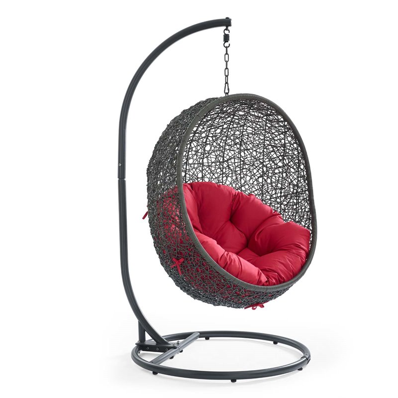 Pemberly Row Modern Metal/Rattan Outdoor Hanging Chair in Gray/Red