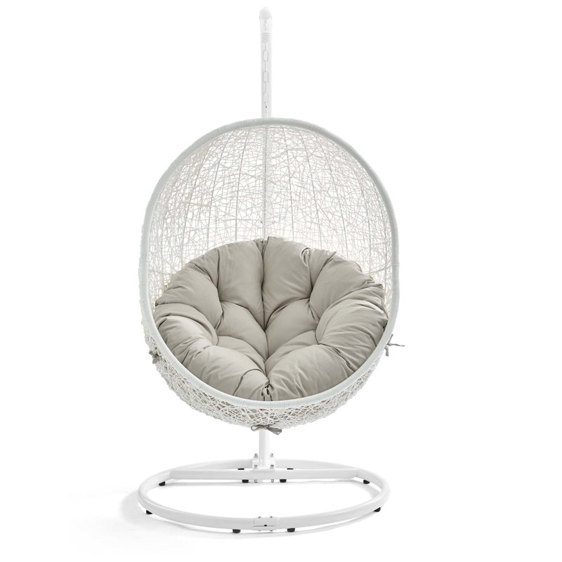 Pemberly Row Modern Metal Outdoor Swing Chair with Stand in White/Beige