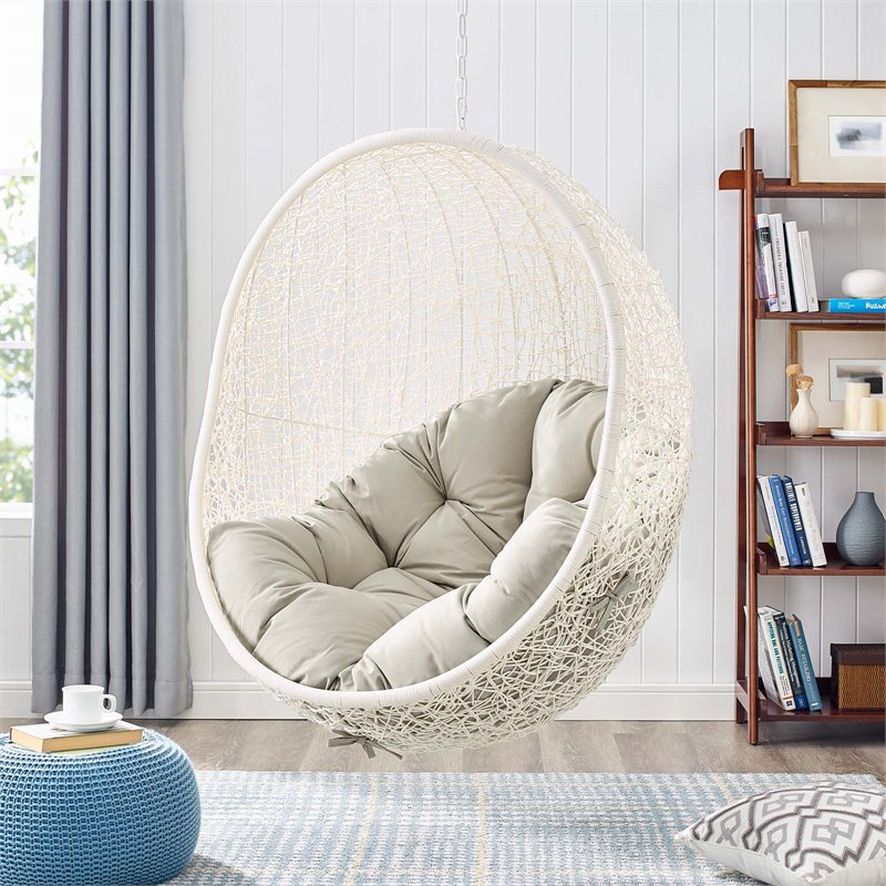 Pemberly Row Modern Metal Outdoor Swing Chair with Stand in White/Beige