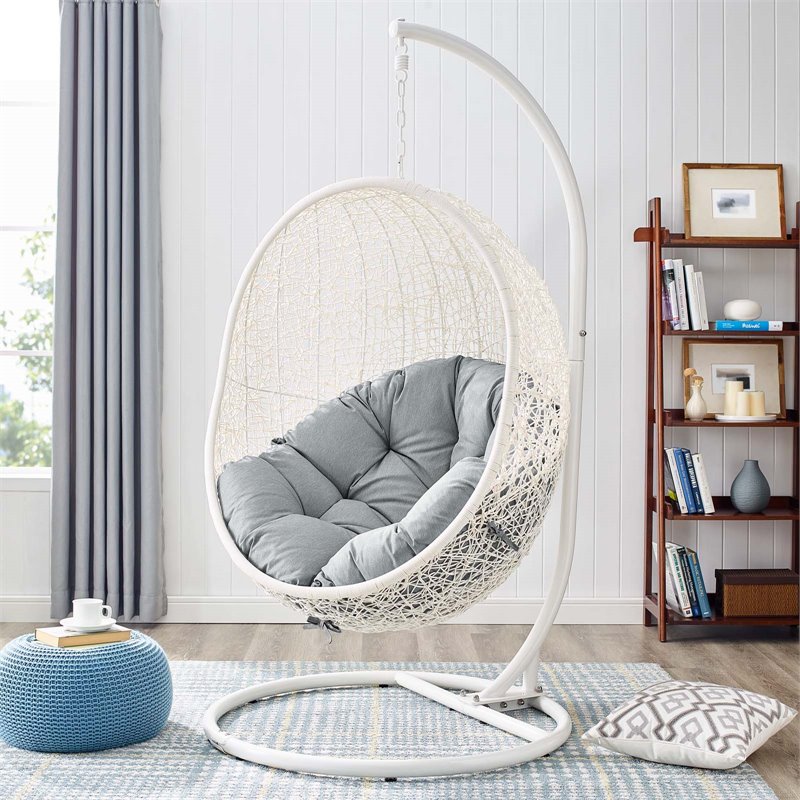 Pemberly Row Modern Metal Outdoor Swing Chair with Stand in White/Gray