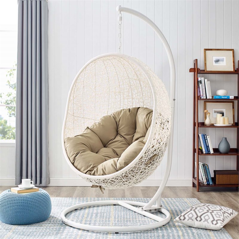 Pemberly Row Modern Metal Outdoor Swing Chair with Stand in White/Mocha