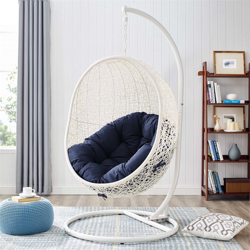 Pemberly Row Modern Metal Outdoor Swing Chair with Stand in White/Navy