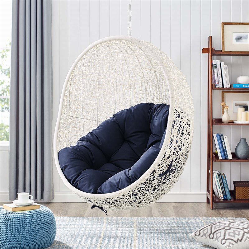 Pemberly Row Modern Metal Outdoor Swing Chair with Stand in White/Navy