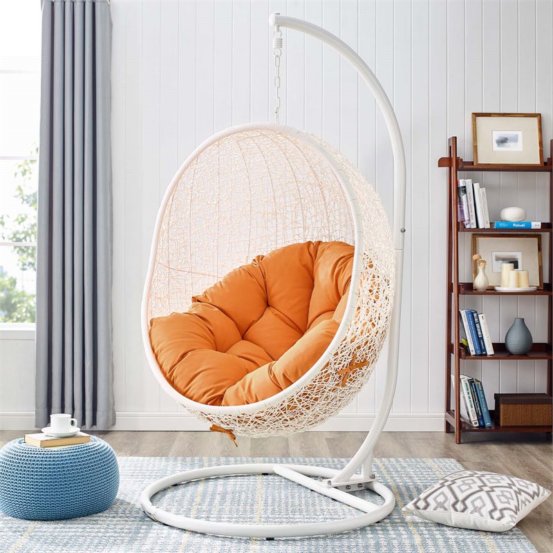 Pemberly Row Modern Metal Outdoor Swing Chair with Stand in White/Orange