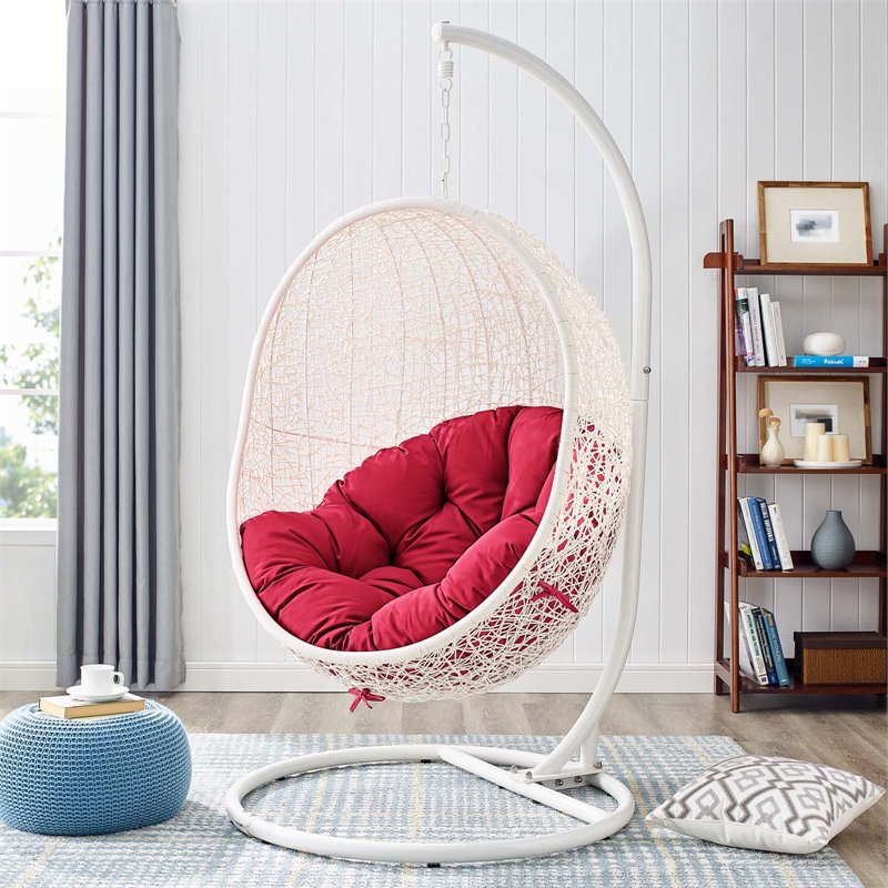 Pemberly Row Modern Metal Outdoor Swing Chair with Stand in White/Red