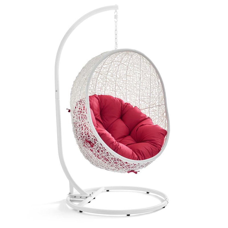 Pemberly Row Modern Metal Outdoor Swing Chair with Stand in White/Red