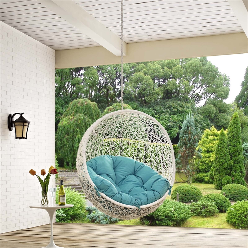 Pemberly Row Modern Metal Outdoor Swing Chair without Stand in White/Turquoise