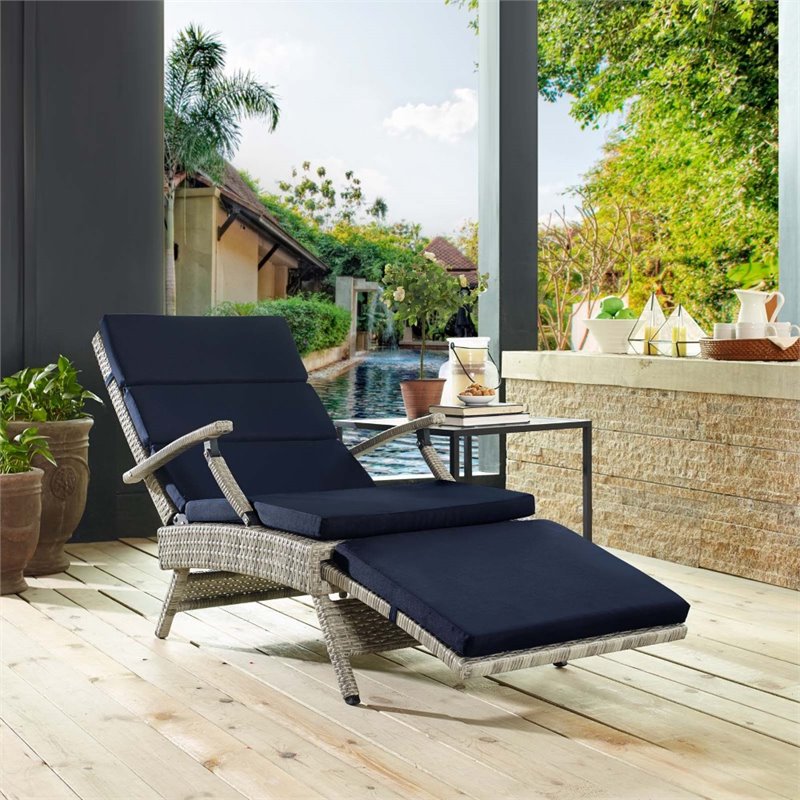 Pemberly Row Modern Wicker / Rattan Patio Lounge Chair in Navy