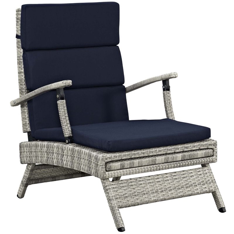 Pemberly Row Modern Wicker / Rattan Patio Lounge Chair in Navy