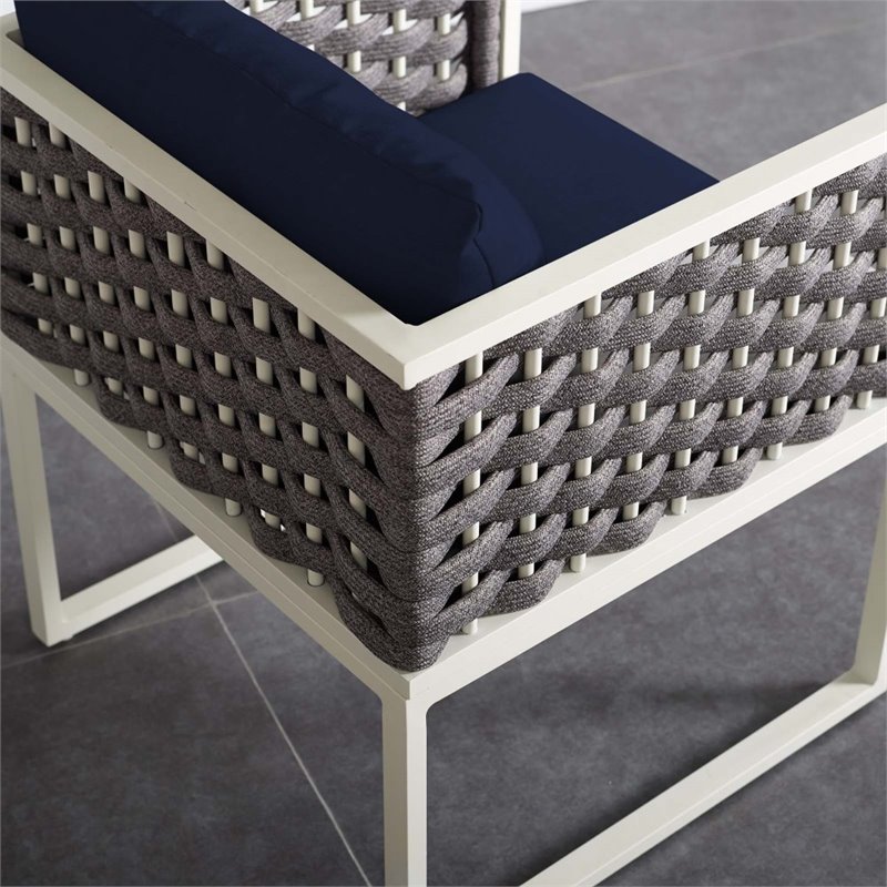 Pemberly Row  Aluminum Patio Dining Armchair in White and Navy