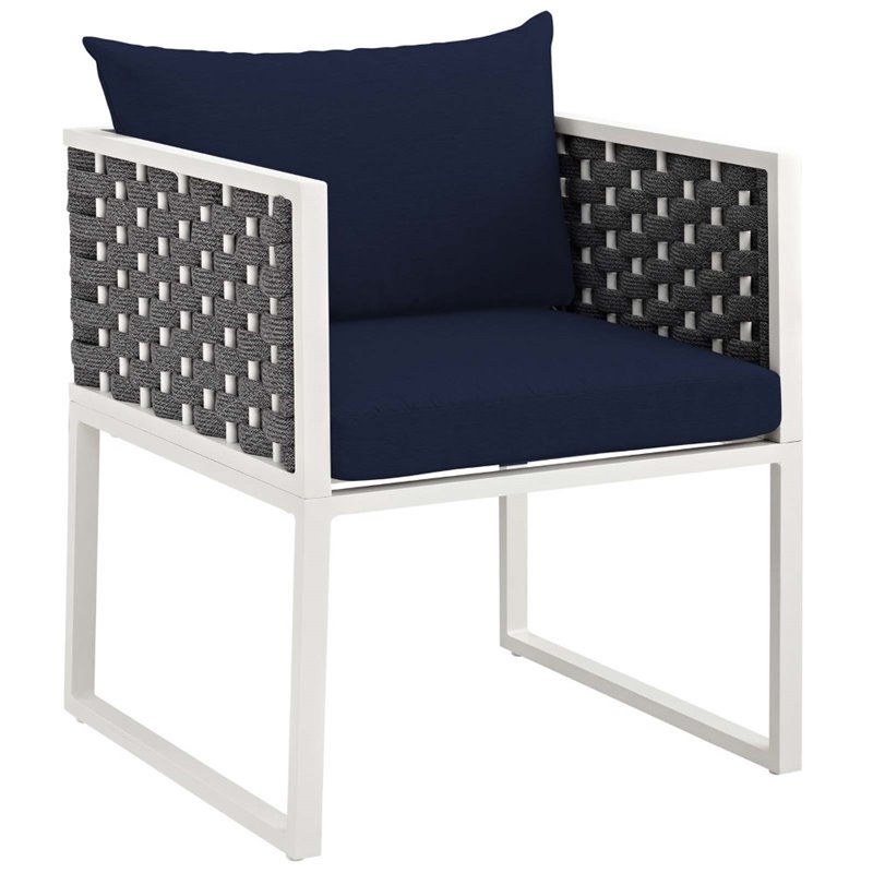Pemberly Row  Aluminum Patio Dining Armchair in White and Navy (Set of 2)