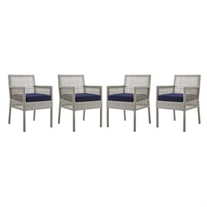 Pemberly Row 19.5&quot Wicker / Rattan Patio Dining Armchair in Gray/Navy (Set of 4)