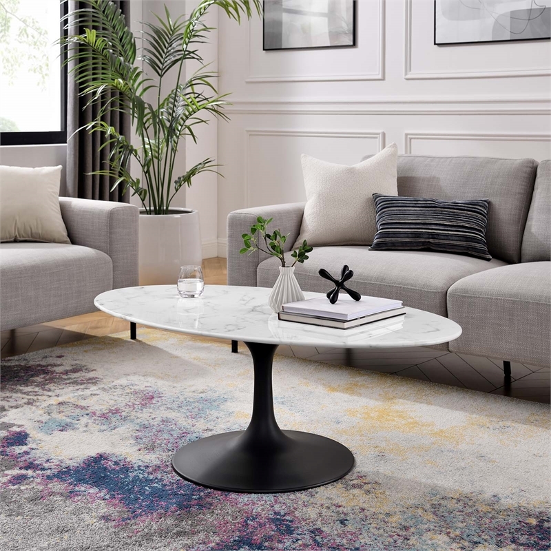 Pemberley Row Artificial Marble White/Black Coffee Table Oval Chip-Resistant 48