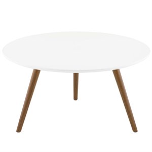Pemberly Row 28&quot Round Top Modern Wood Coffee Table in White/Walnut
