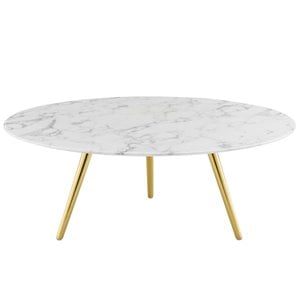 Pemberly Row 40&quot Artificial Marble Coffee Table with Tripod Base in Gold/White