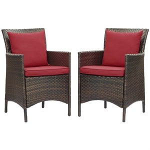 Pemberly Row  Wicker  Patio Dining Arm Chair in Brown and Red (Set of 2)