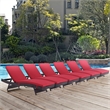 Pemberly Row Modern Rattan Outdoor Chaise in Espresso/Red (Set of 6)