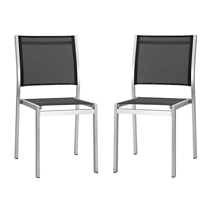 Pemberly Row Modern Aluminum Outdoor Side Chair in Silver/Black (Set of 2)