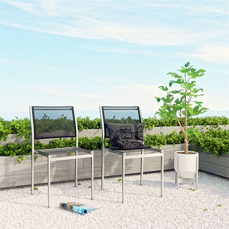 Pemberly Row Modern Aluminum Outdoor Side Chair in Silver/Black (Set of 2)