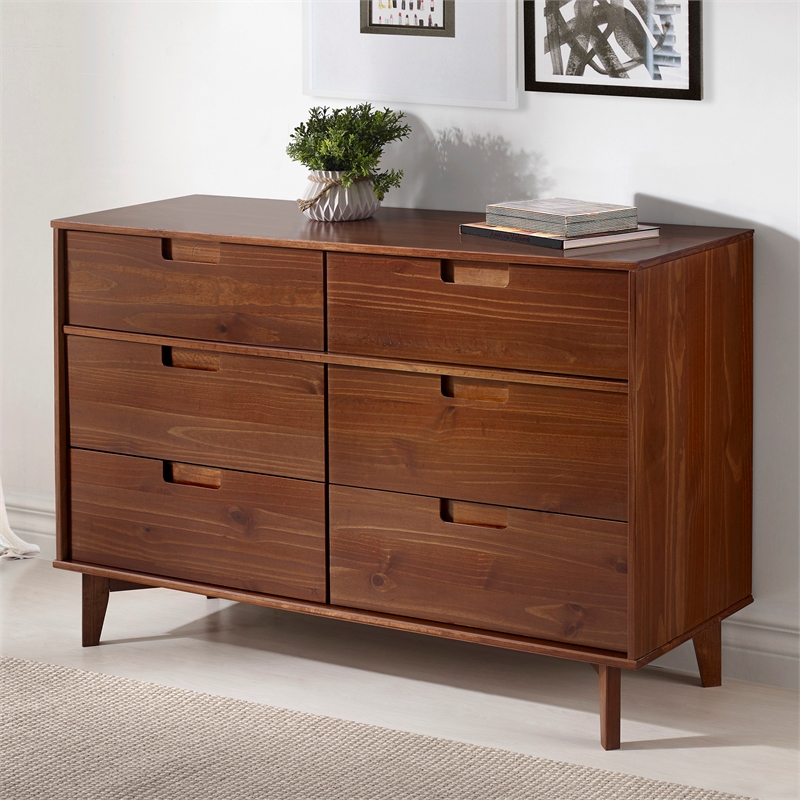 Pemberly Row 6 Drawer Mid Century Modern Wood Dresser in Walnut