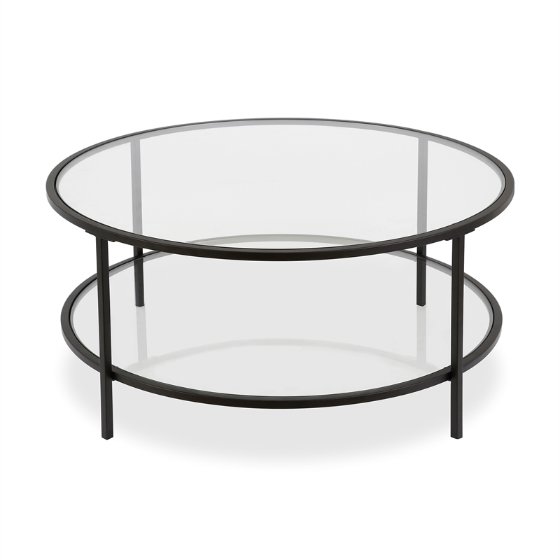 Pemberly Row Two Shelf Round Metal Base Coffee Table in Black with Glass Top