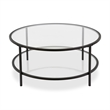 Pemberly Row Two Shelf Round Metal Base Coffee Table in Black with Glass Top