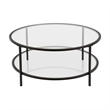 Pemberly Row Two Shelf Round Metal Base Coffee Table in Black with Glass Top