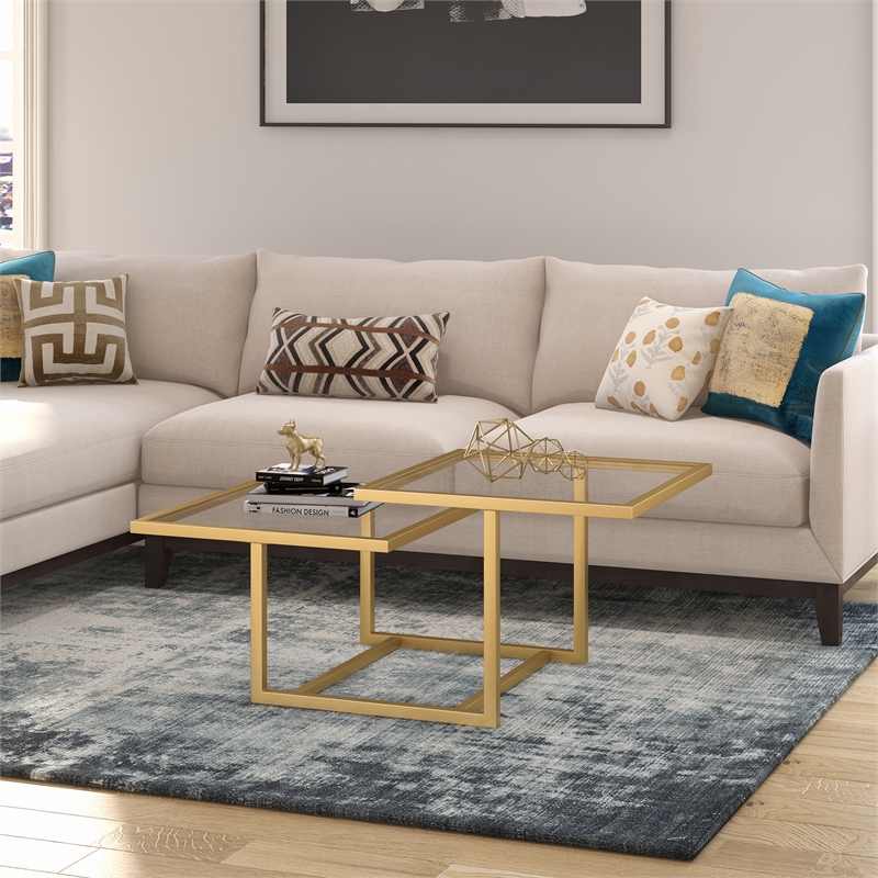 Pemberly Row Metal Two Tier Glass Top Gold Coffee Table